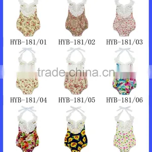 Baby & Kids Clothes Summer Cotton Frock Navy Flower Printed Halter Lace Froal Infant Baby Girl Bodysuit Vintage Romper thumbnail-5