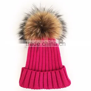 Myfur Hot Pink Ladies Winter Fashion Wool Knitting Hat With Dyed Raccoon Fur Bobble thumbnail-2