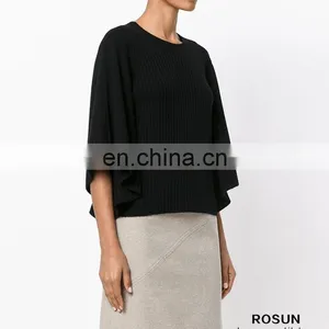 Women Crew Neck Cashmere Bat Sleeves Knitted Ribbed Top thumbnail-5