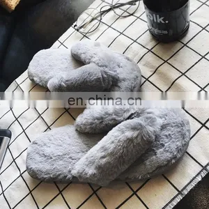 Wholesale Comfortable Soft Solid Colors Fashionable Sandals Fur Slides Rabbit Fur Furry Slippers for Women thumbnail-3