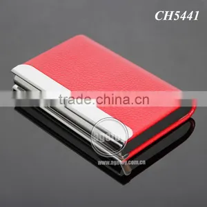 Lichee Pattern Red Leather Flannelette Lining Stainless Steel Promotional Metal Leather Credit Card Holders thumbnail-1