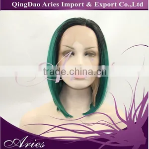 Sexy Ombre Black And Green Short Bob Straight Synthetic Lace Front Wig Customized Cap thumbnail-1