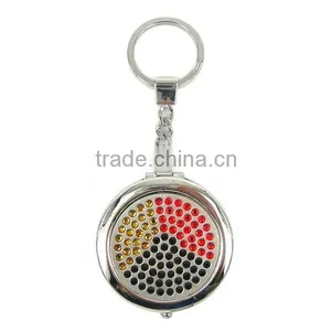 Metal Round Compact Mirror Keychain, Studded With Three Different Colors Stones, Made of Alloy thumbnail-1