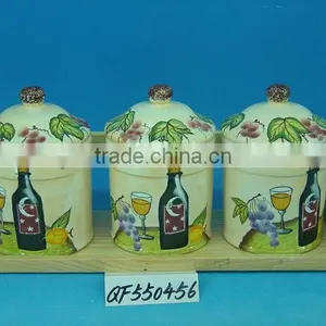 Ceramic Tea Sugar Coffee Canisters Set With Wood Holder thumbnail-1