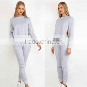 Men Sweatsuit Autumn Made O-neck Irregular Grey Women Custom Tracksuits Set Both Side Slit Sweatsuit Set for Autumn thumbnail-1