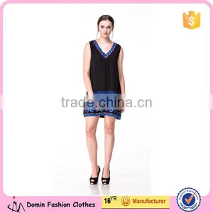 Beaded Embroidery Shift Dress Factory Price Accept Small Order V-neck Sleeveless Dress in Navy Blue Women Dress thumbnail-1