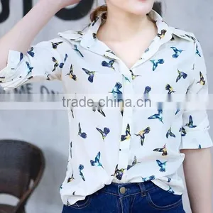 New Fashion Chiffon Floral Print Shirts Long Sleeve Chiffon Blouse Tops for Woman thumbnail-1
