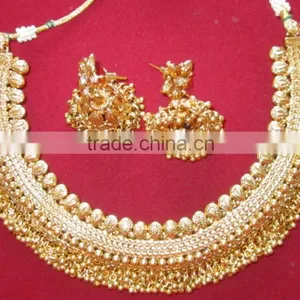 GOLD PLATED TEMPLE DESIGN Necklace JHUMKA EARRING Set thumbnail-1