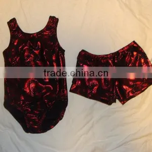 Clearance Gymnastics Leotards Dance and Short Set in Limited Sizes - Red Holographic Semi Circles on Black Backround thumbnail-1
