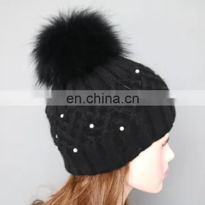 Fashion Design Black Knitted Pattern Wool Blend Hats With Fur Pom thumbnail-1