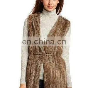 Women's Long Rabbit Fur Knnited Vest With Hood thumbnail-1