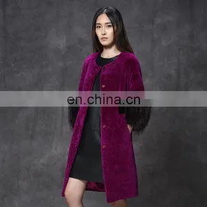 Hot Pink Merino Sheep Wool Sheep Shearling Fur Rose Red Overcoat With Raccoon Trimming thumbnail-2