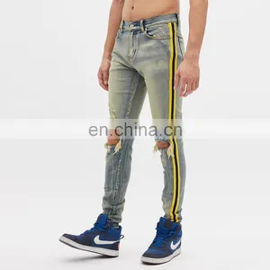 DiZNEW Men's High Stretch Striped Ripped Blue Skinny Side Jeans Man thumbnail-3