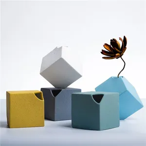 Modern Abstract Jingdezhen Cube Frosted Yellow Blue Green White Ceramic Vase Decoration thumbnail-1