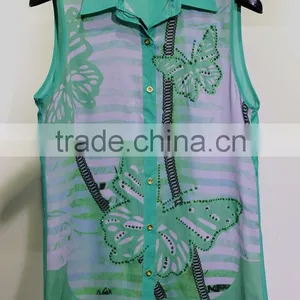 Butterfly Printed With Acrylic Diamonds Women Tops thumbnail-1