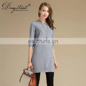 Custom Design Casual Pullover Crew Neck Half Sleeves Pure Cashmere Knitted Women's Sweater Dress thumbnail-5