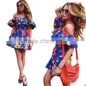 Sexy Shoulders a Word Only Beautiful Ruffled Printed Strap Dress Fashion Dress thumbnail-1