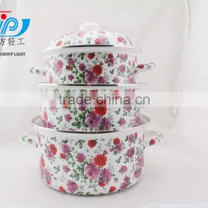 The Best Quality 3 Pcs Enamel Casserole With Metal Cover Beautiful Decal thumbnail-1