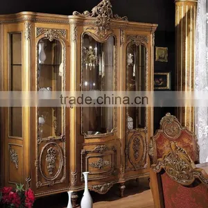 Antique European Style Solid Wood Three Doors Dining Room Wine Cabinet thumbnail-1
