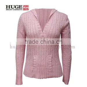 Cable Knit Hooded V Neck Sweater Women'S With Kangaroo Pocket thumbnail-1