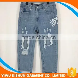 Women Good Quality Fashion Print Worn Brand Blue Jeans With Holes thumbnail-1