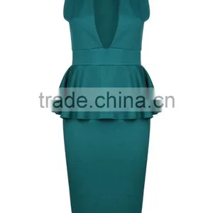 Yihao OEM Factory 2016 Women New Summer Latest Designs V Neck Midi Peplum Dress Fashion for Ladies thumbnail-2