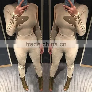 Runwaylover 074 New Style 2017 Ladies Fashion Two Piece Suits , Women Suede Crop Top And Tight Pants thumbnail-1