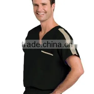 Men's V-Neck Medical Scrub Top With Contrast Stripe on Shoulder and Pocket thumbnail-2