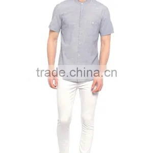 Grey Solid Color Super Skinny Short Sleeve Men Shirt thumbnail-3