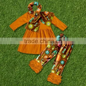Fall Baby Clothes Girls Orange Top and Pant Ruffle Outfits For Kids in Halloween thumbnail-2