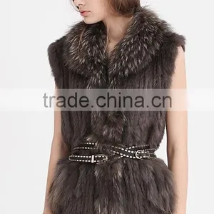 YR644 Women Genuine Rabbit Hand Knit With Raccoon Fur Waistcoat Yanran Fur Factory OEM Order Fur Gilet thumbnail-1