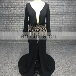 Sexy Deep V Neckline See Though Back Handwork Beading Lady Evening Dress Long Sleeve thumbnail-4