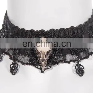 Laced Necklace With Faux Small Crow Skull thumbnail-1