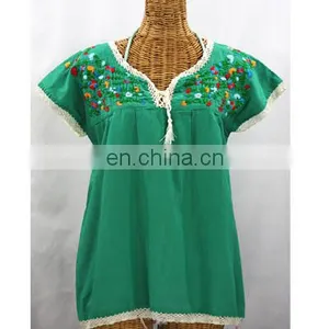 Green Cotton Women's Maxican Handcrafted Multi Color Embroidered Kaftan Party Wear Short Dress thumbnail-1