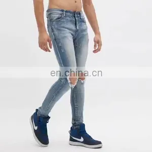 DiZNEW Medium Blue Wash Destroyed Denim Jeans Online Wholesale High Quality Mens Cut Jeans thumbnail-1