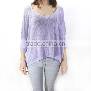 Lady Summer Low Round Neck Pullover Sweater Female Bat Sleeve Hollow Loose Sweater thumbnail-1