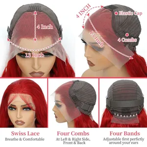 Red Short Bob Wig 13X4 Lace Front Human Hair Wigs For Women Brazilian Transparent Human Hair Wig Straight Colored Remy Hai thumbnail-4