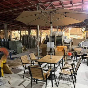 Wood-Plastic Composite Outdoor Dining Set With Central Hole Table, Stackable Metal Frame Armchairs & Large Octagonal Patio Umbrella for Cafe thumbnail-2