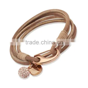 Cheap Leather Bracelet Stainless Steel Clasp Two Layer Engravable Custom Couple Bangle With Crytal Ball thumbnail-1