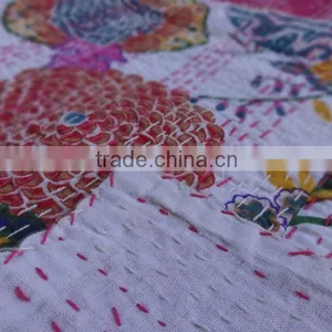 Tropical Kantha Quilt, Handmade Fruit Print Kantha Bedding, Decorative Kantha Work, Indian Cotton Bedspread / Bed Sheet thumbnail-1