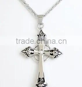 Stainless Steel Pendant: Gothic Cross With Black Inlay, Circle at Back Center and Clear Gem at Center Front thumbnail-1