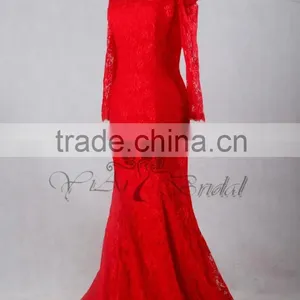J--0095 Red Big Ass Picture of Evening Dress Sexy French Lace Long Sleeve off Shulder Mermaild Wedding Dress thumbnail-2