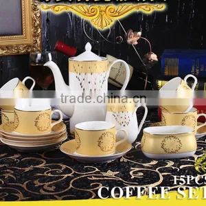 Fine China Porcelain Luxury 15pcs 17pcs Coffee Tea Set Arabic Coffee Cup Table Set With Godeln Decal thumbnail-1
