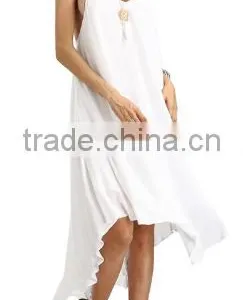 2016 Beach Wear White Spaghetti Strap Tassel Backless Sleeveless V Neck Asymmetrical High Low Midi Dress thumbnail-1