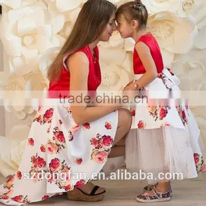 Red Floral Print Mother And Daughter Family Look Maxi Size Baby Tutu Dress Long Dress thumbnail-3