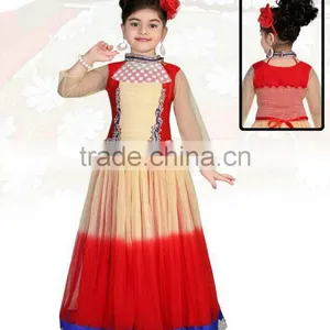 Lite Cream Red Color Long Gown With Blue Silver Neck Design and Border Sizzling Girls Ready Made thumbnail-1