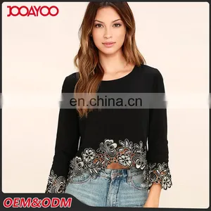 Black Round Neck Long Sleeve Open Back Lace Embroidered Crop Top thumbnail-1
