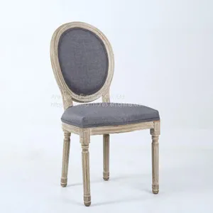 Vintage Wooden Dining Chair With Linen Grey thumbnail-1