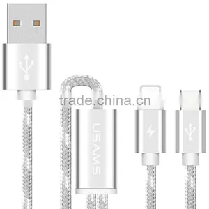 USAMS SJ046 1.2M Nylon Braided 2in1 Cable for Iphone 6/6s/6s Plus 2.1A USB Metal Weave Charging Data Cable for Type-c Device thumbnail-1