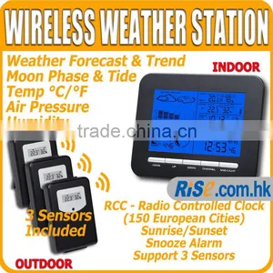 In/Outdoor Temperature Humidity RCC DCF With 3 Sensors Wireless Weather Station thumbnail-1